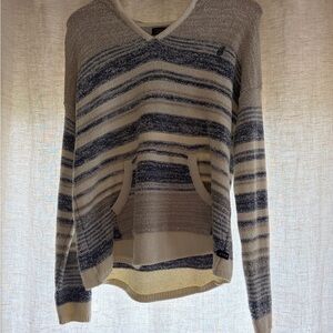 Striped Pullover Sweater with Pocket and  Hood - Cream & Navy